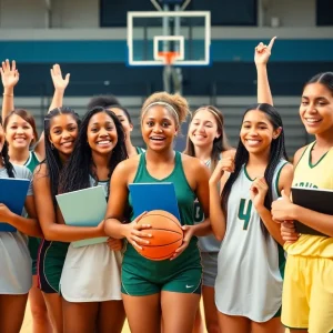 Group of female basketball players celebrating academic achievements