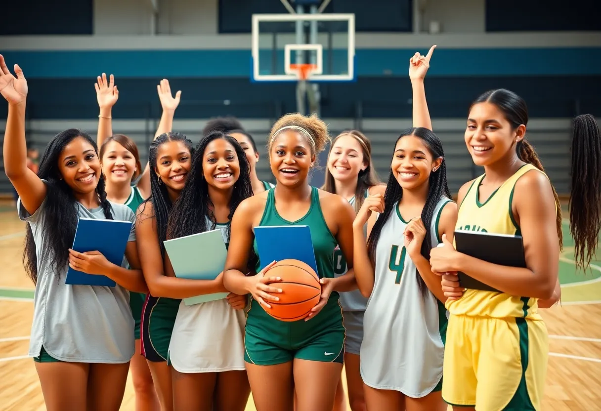 Group of female basketball players celebrating academic achievements