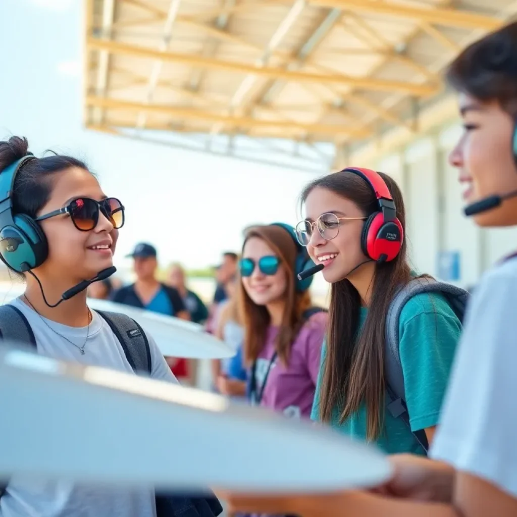A group of teenagers participating in the Aviation Academy exploring aviation careers.