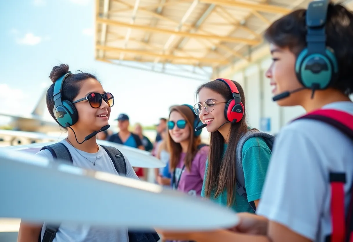 A group of teenagers participating in the Aviation Academy exploring aviation careers.