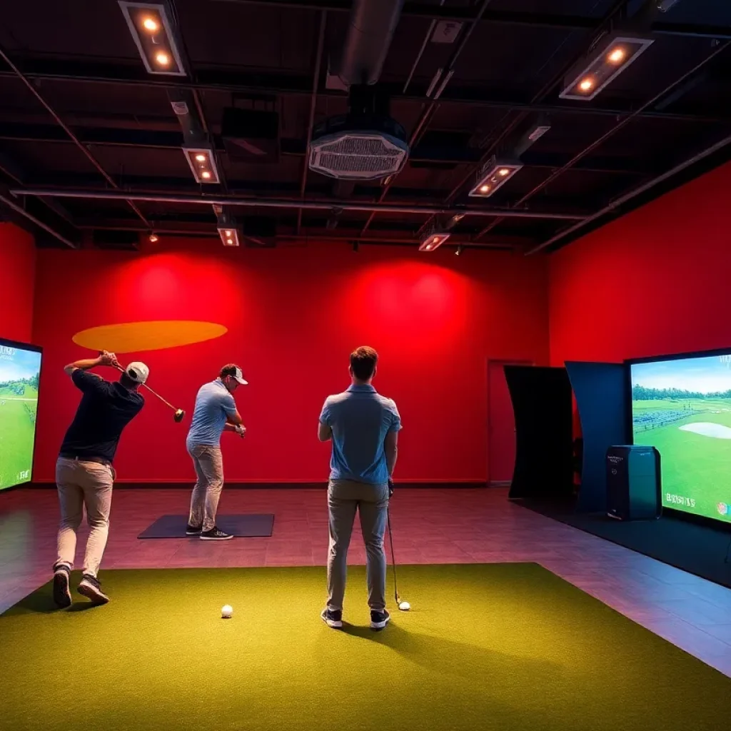 Golfers enjoying the indoor golf simulator at The Back Nine in Augusta.