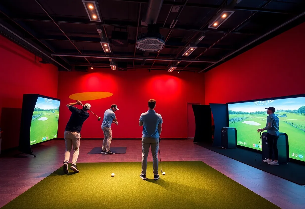 Golfers enjoying the indoor golf simulator at The Back Nine in Augusta.