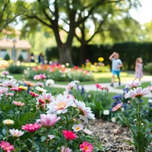 A peaceful garden scene representing community and education.