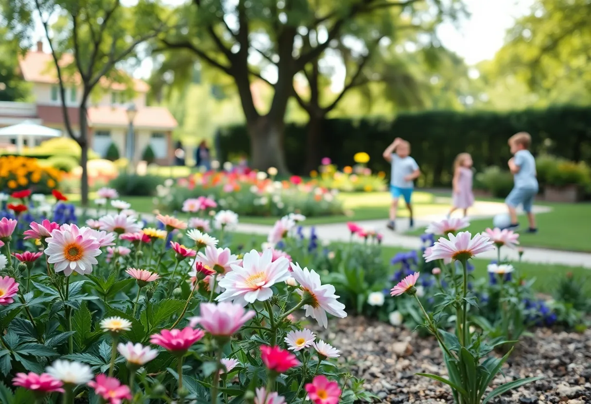 A peaceful garden scene representing community and education.