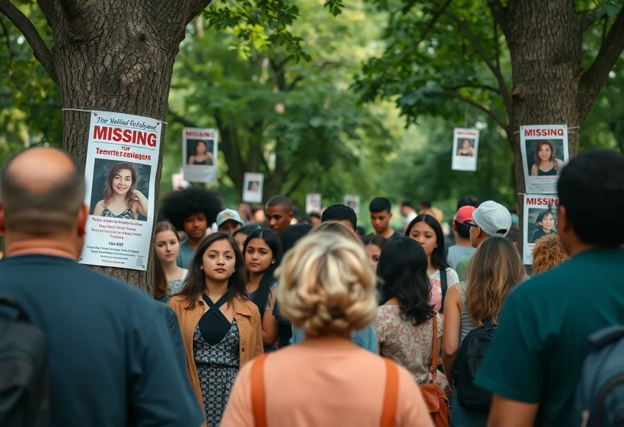 A community gathering with flyers seeking information about missing teenagers.