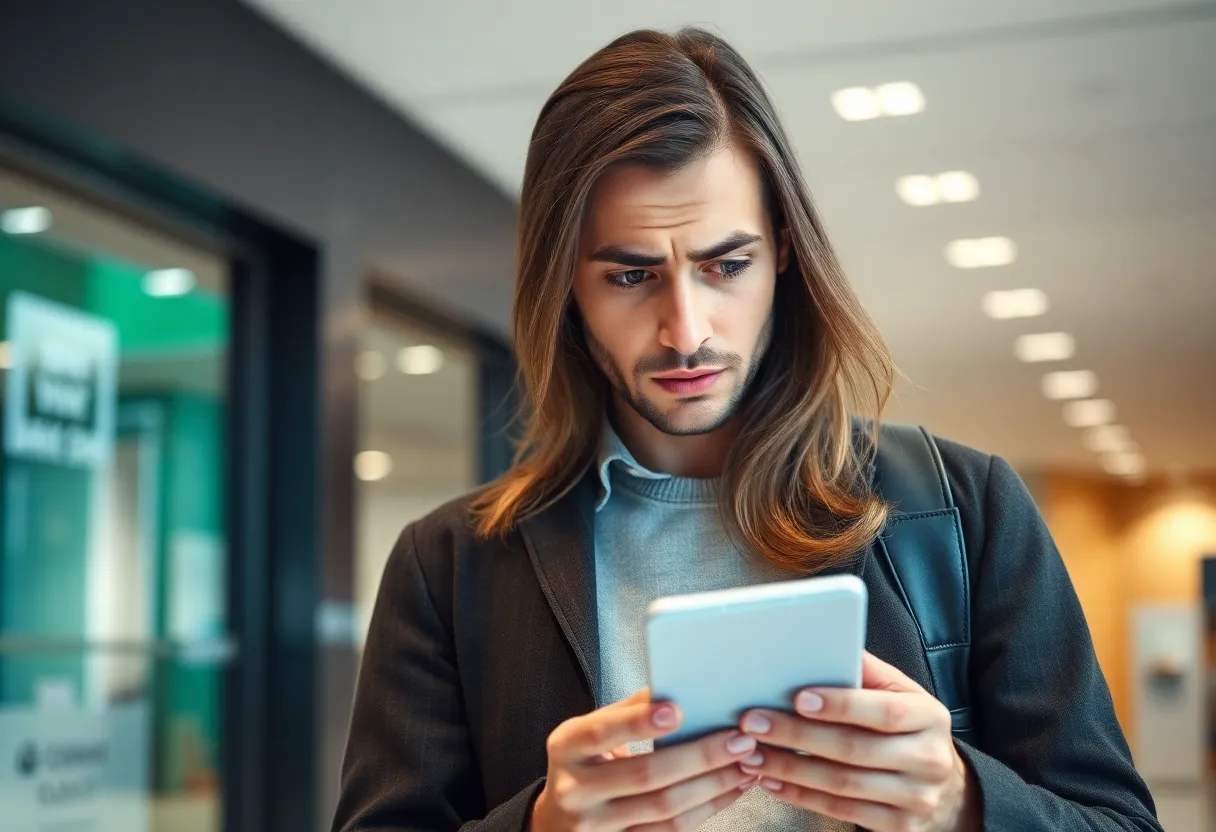 Customer showing concern over data security at a bank