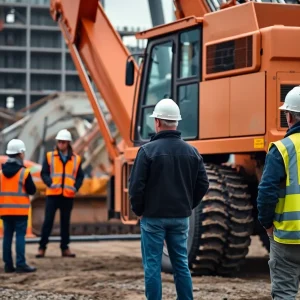 Workers monitoring a construction site with heavy machinery