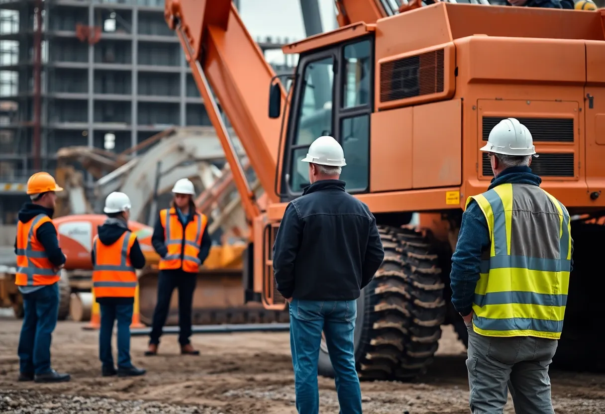 Workers monitoring a construction site with heavy machinery