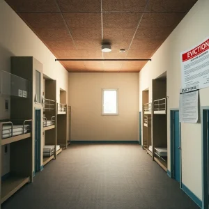 Illustration depicting the challenges of student housing management and bankruptcy.