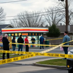 A community watches a police investigation at a convenience store.