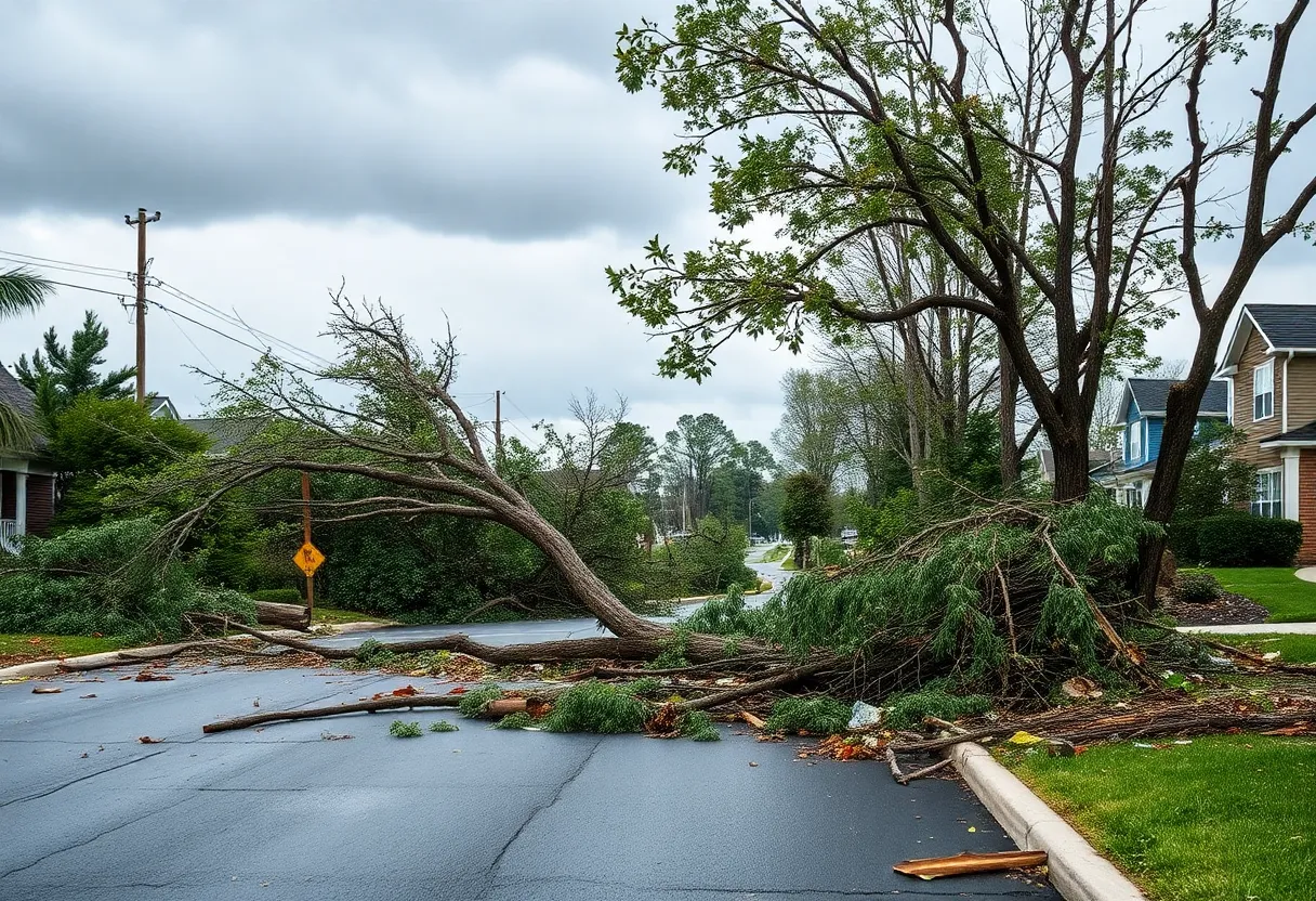Fallen trees and debris on a road after a storm in CSRA