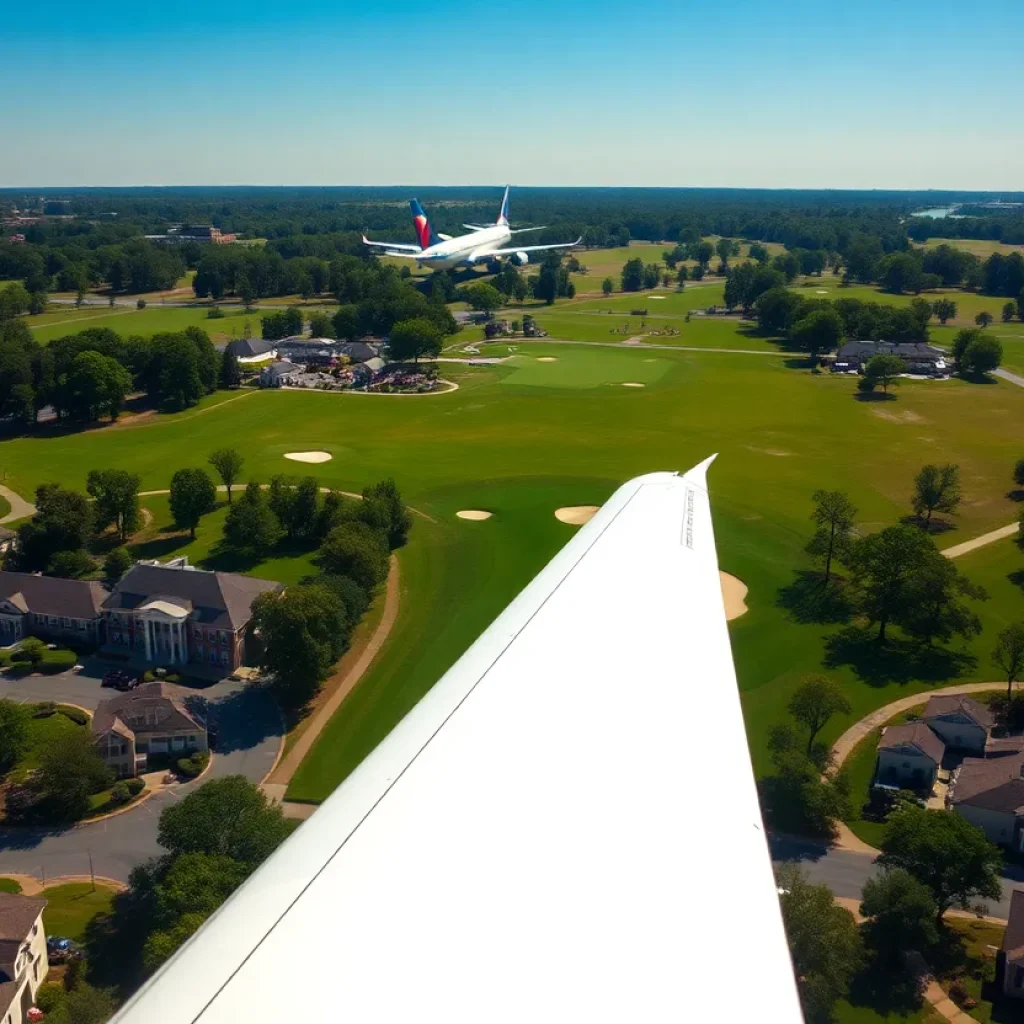 Aerial view of the Augusta National Golf Club with a Delta airplane in the background.