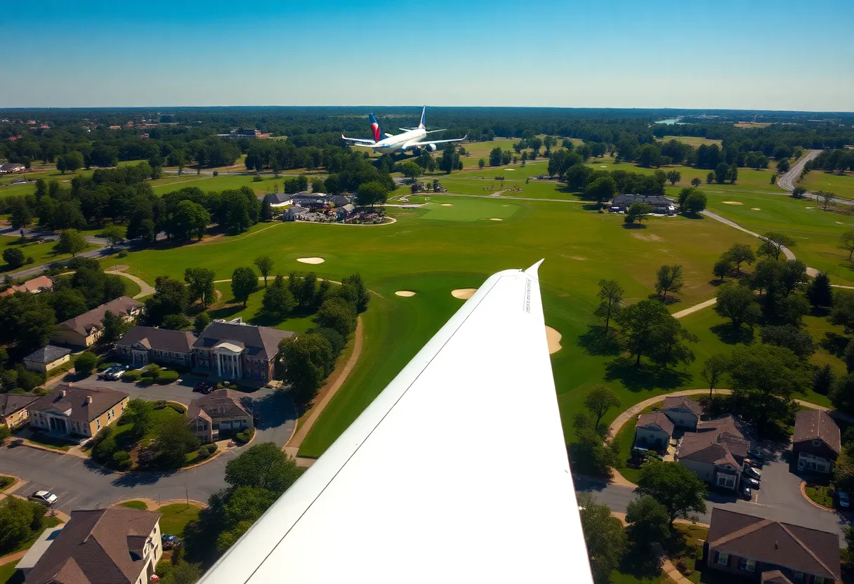 Aerial view of the Augusta National Golf Club with a Delta airplane in the background.