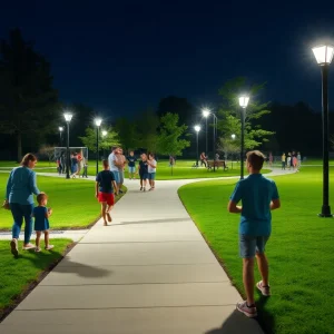 Families enjoying a well-lit Diamond Lakes Park with new safety features.