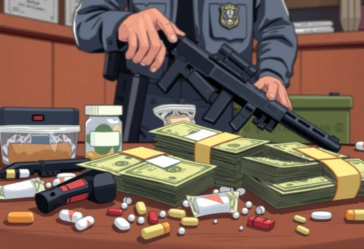 Seized narcotics and cash from a drug trafficking operation