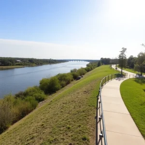 Scenic view of the Ed McIntyre Riverwalk reopened to the public