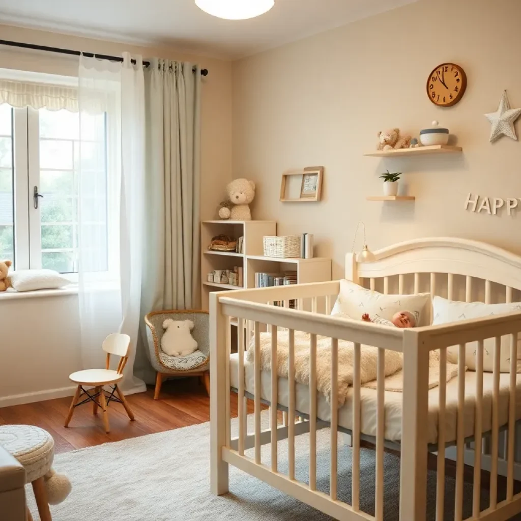 A cozy daycare setting with cribs and safety measures
