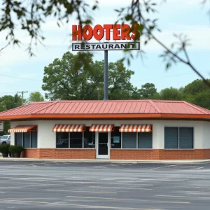 Closed Hooters restaurant with empty parking lot