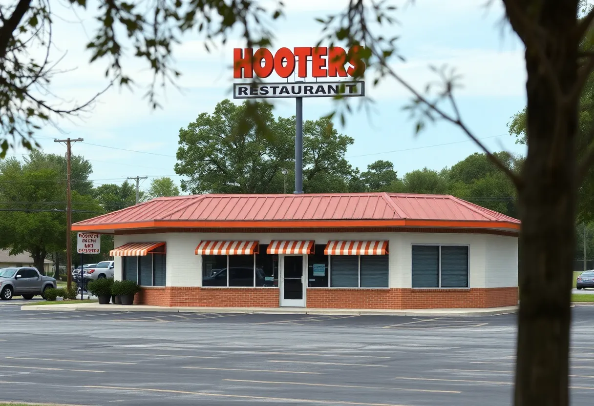 Closed Hooters restaurant with empty parking lot