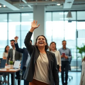 Employees celebrating in a vibrant office space at IntelliSystems