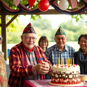 Community members celebrating the birthday of a veteran in a park.