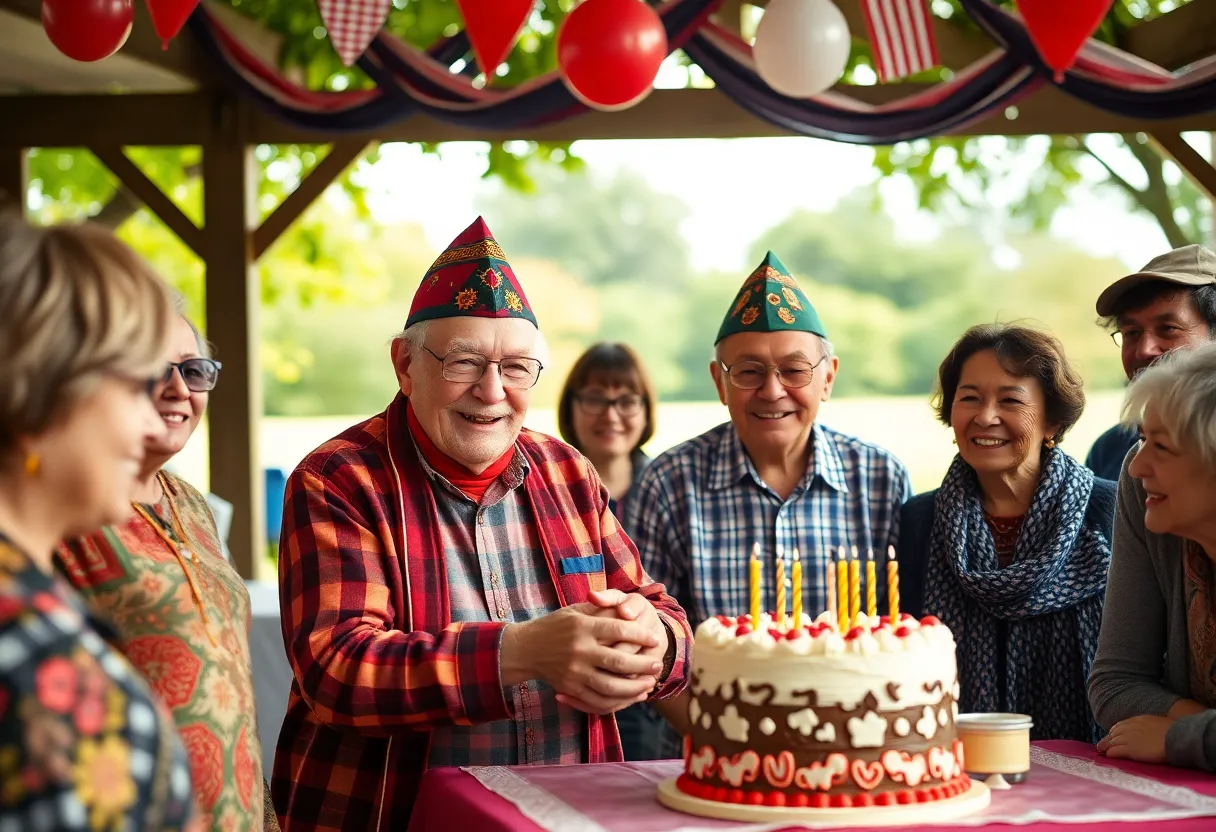 Community members celebrating the birthday of a veteran in a park.