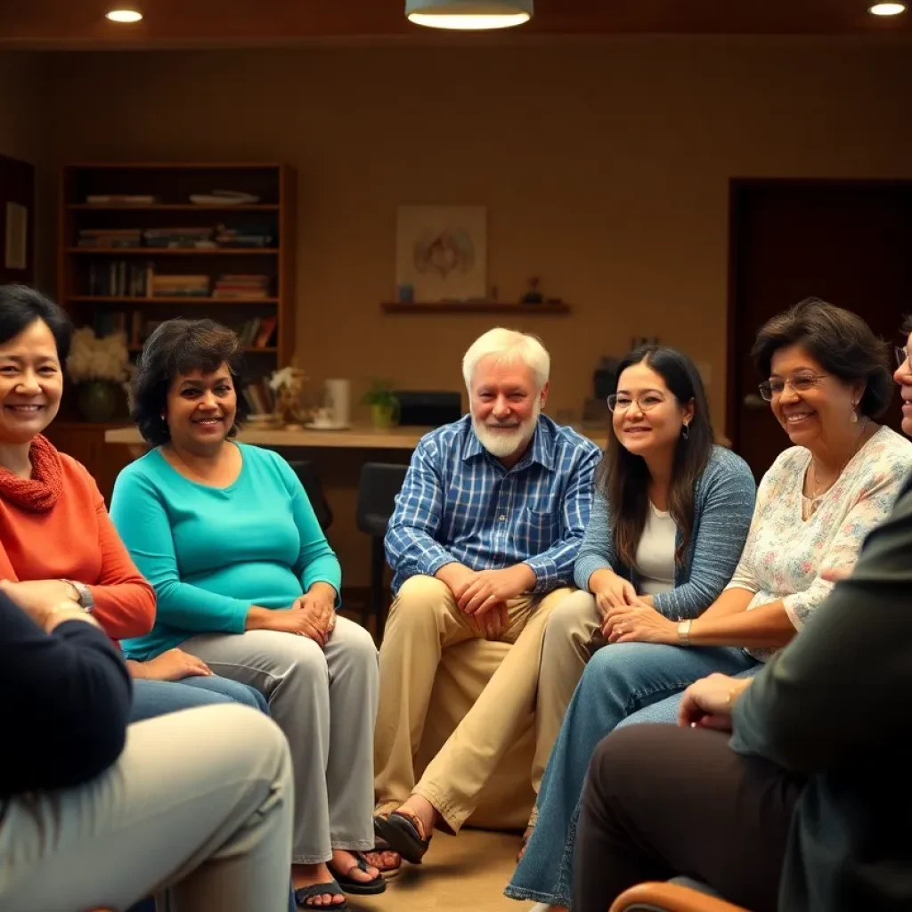A group of individuals participating in a lung cancer support meeting.