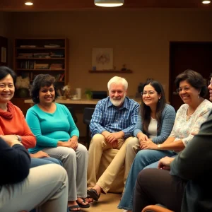 A group of individuals participating in a lung cancer support meeting.