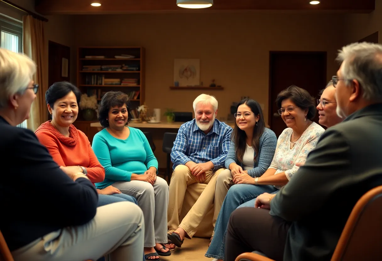 A group of individuals participating in a lung cancer support meeting.