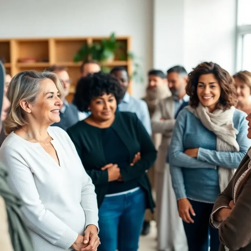 Group of lung cancer survivors and caregivers exchanging experiences during a support session.