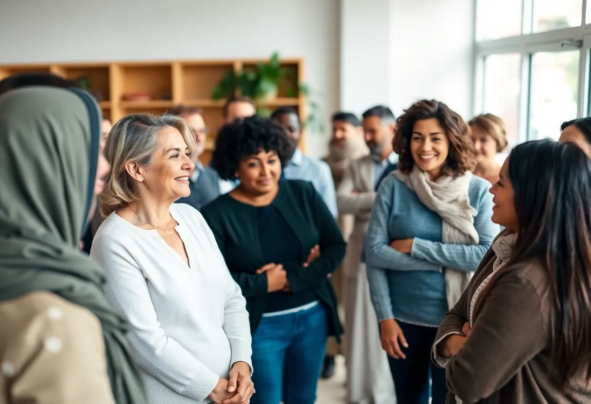 Group of lung cancer survivors and caregivers exchanging experiences during a support session.