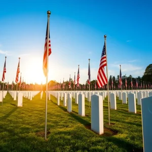Cemetery with flags honoring veterans