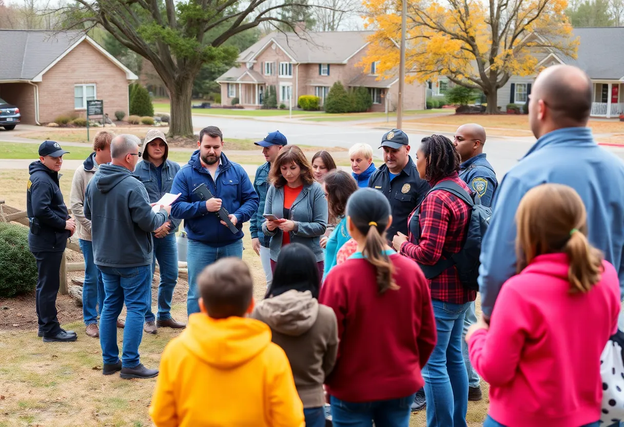 Community members and police collaborating in a search effort.