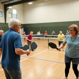 Community members playing pickleball in an indoor facility