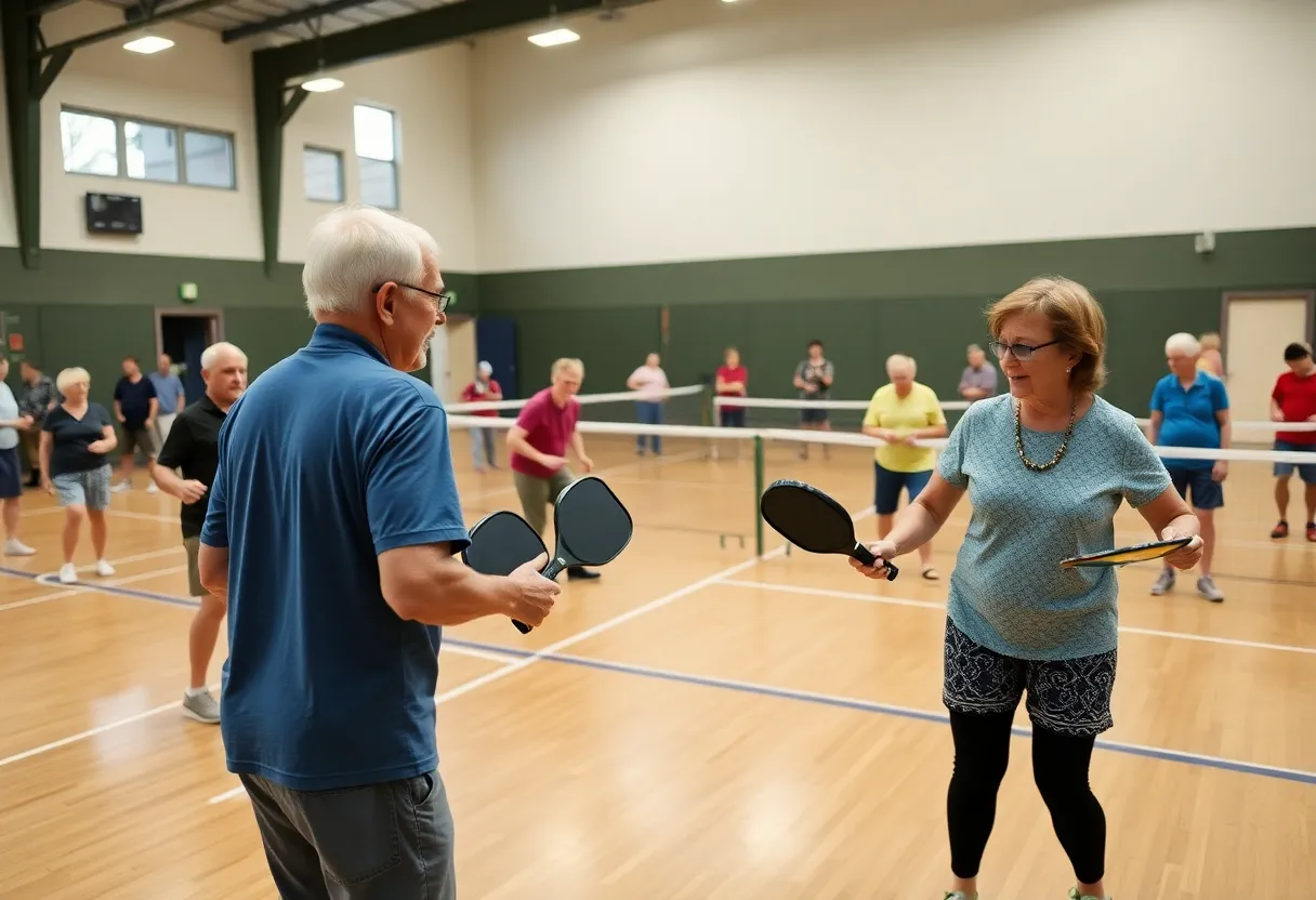Community members playing pickleball in an indoor facility