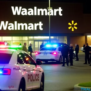 Police officers respond to an incident outside a Walmart.