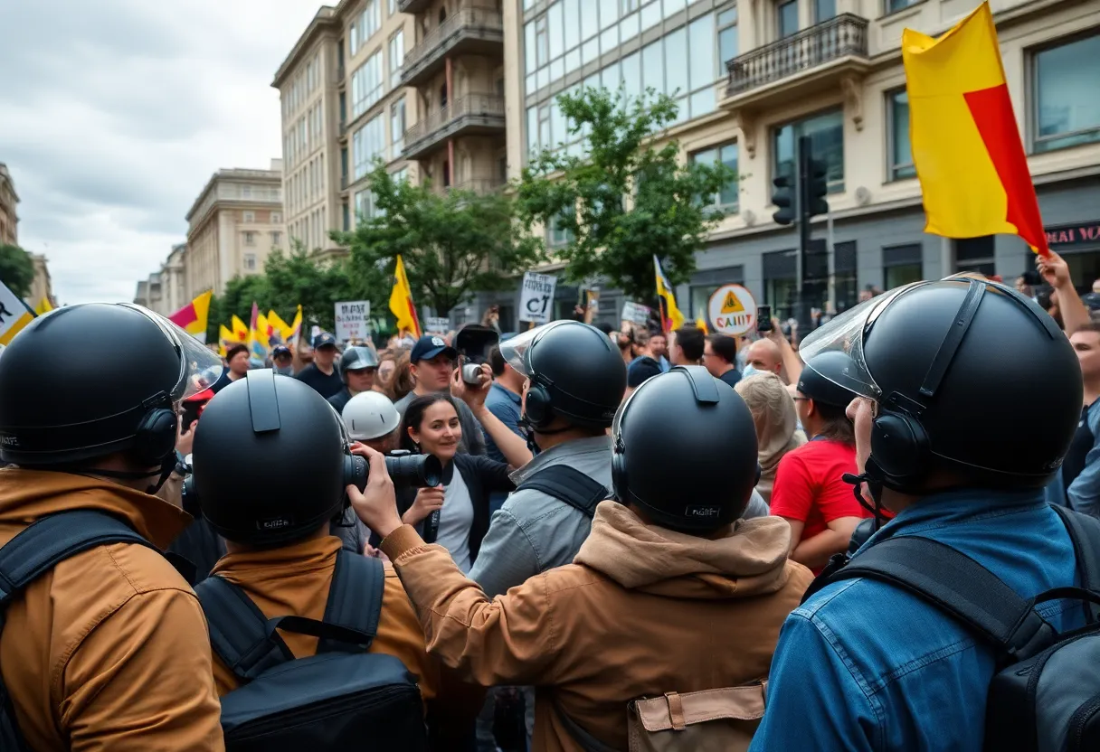Crowd protesting with police presence, highlighting issues of journalist safety