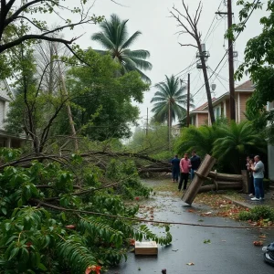 Urban storm damage with fallen trees and blocked roads