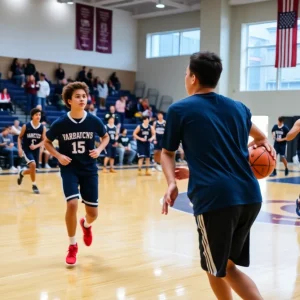 Basketball players representing academic excellence during a game