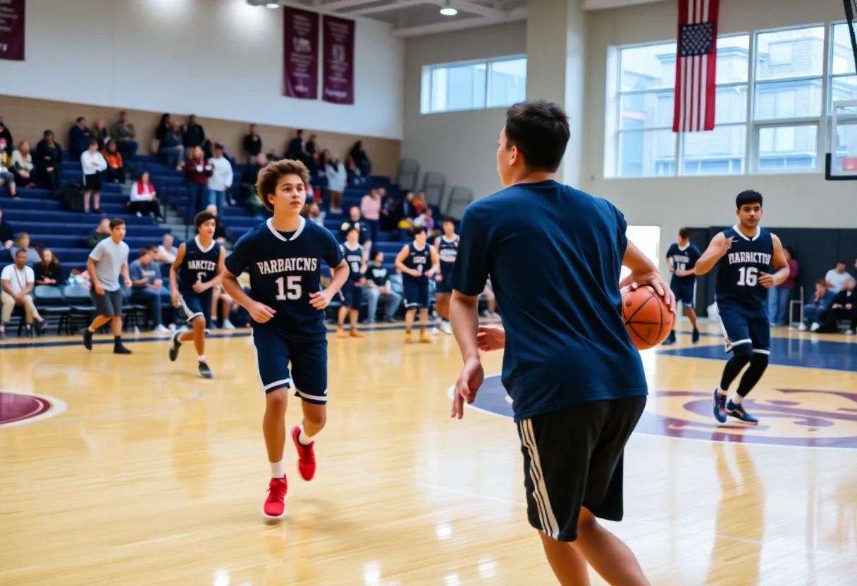 Basketball players representing academic excellence during a game