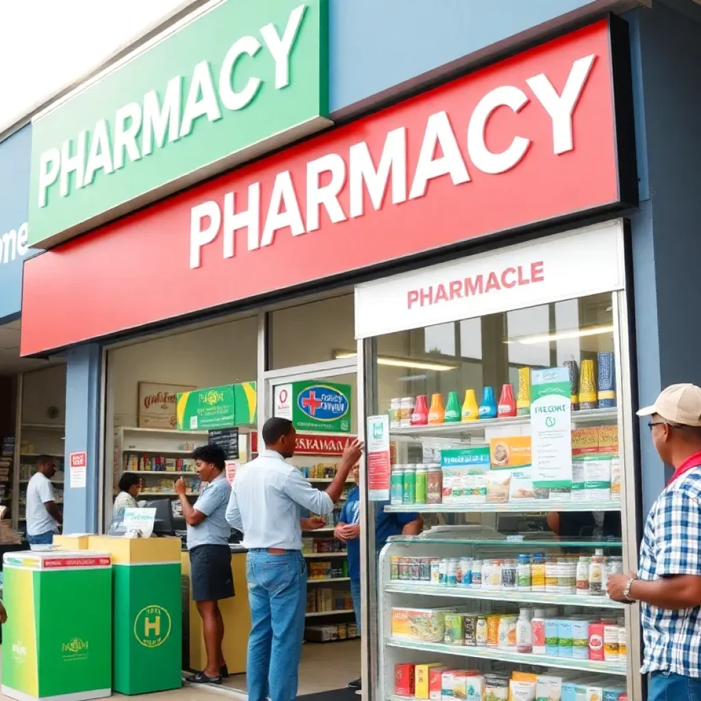 Surrey Center Pharmacy storefront with customers and staff