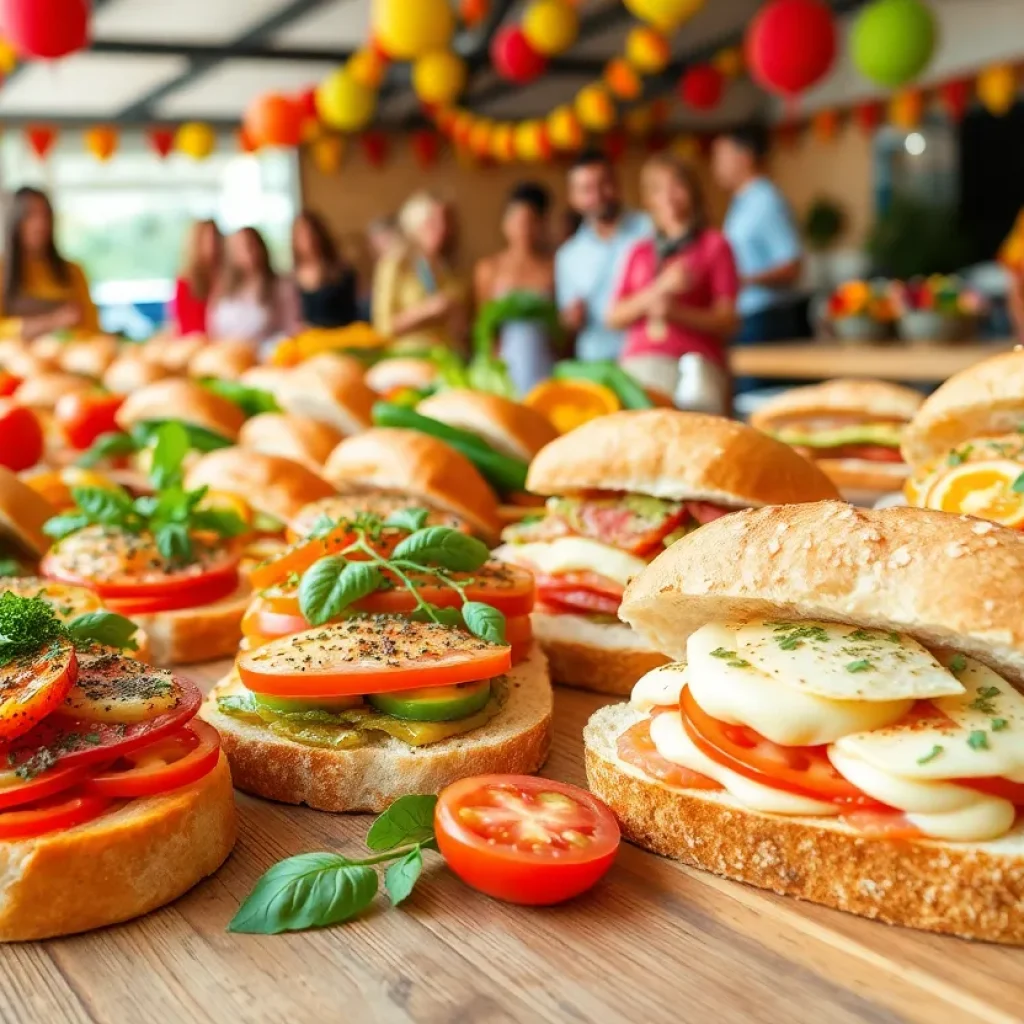 Creatively arranged tomato sandwiches on a table during a competition