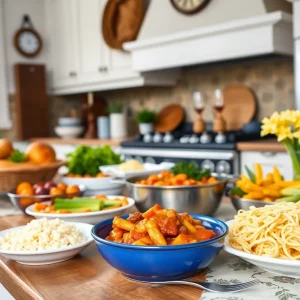 A vibrant display of Southern dishes in a cozy kitchen setting