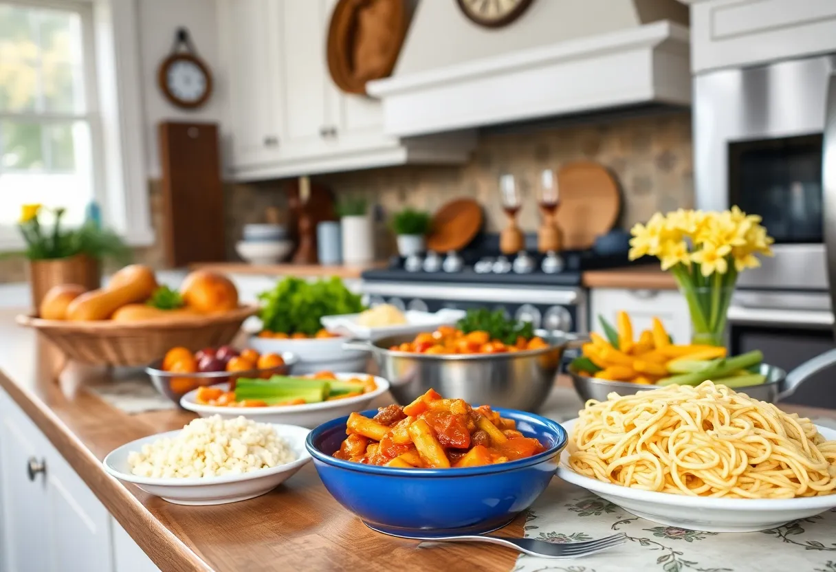 A vibrant display of Southern dishes in a cozy kitchen setting