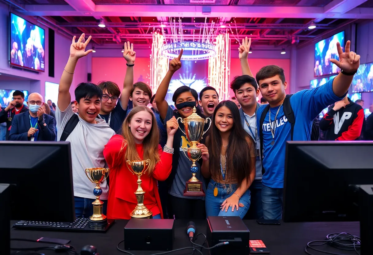 High school esports team celebrating their national runner-up victory