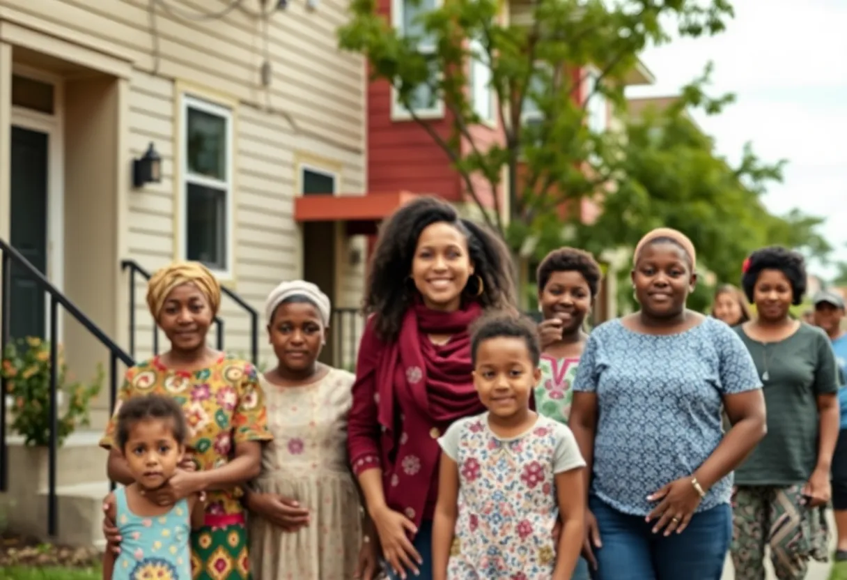 Families in front of affordable housing units in Georgia