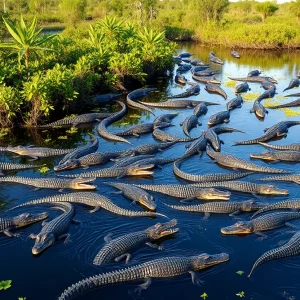 A large congregation of alligators in a swamp