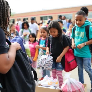 Families at the Augusta Boxing Club bookbag drive receiving school supplies
