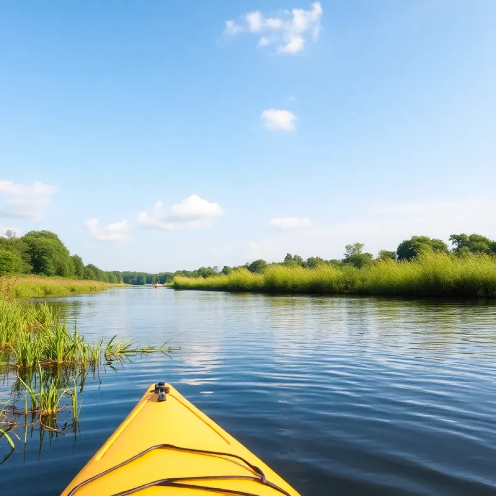 A peaceful scene of people kayaking on Augusta Canal