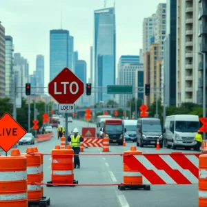 Construction lane closures in Augusta with road signs and workers